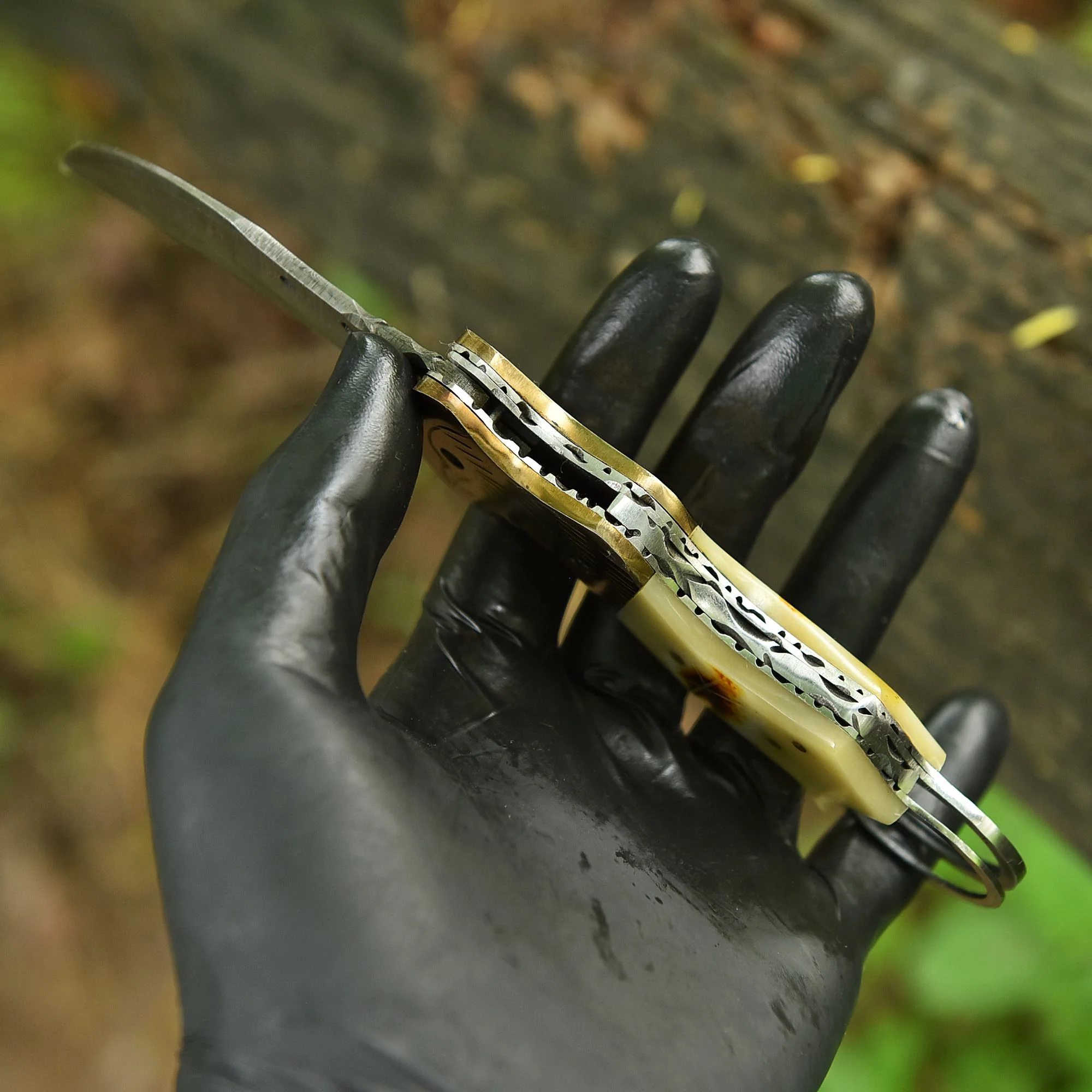 Traditional Handmade Damascus Folding Knife Camel Bone Eagle Engraved - Image 3