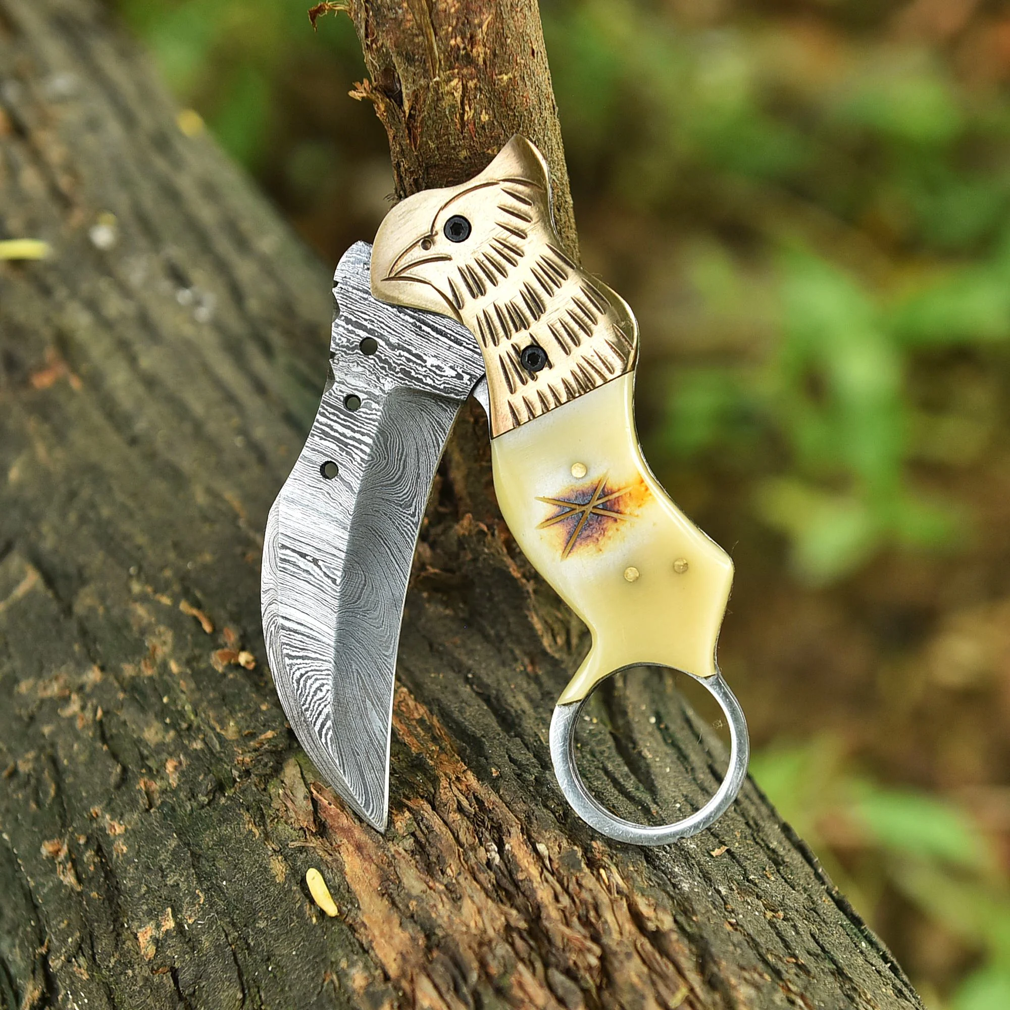 Traditional Handmade Damascus Folding Knife Camel Bone Eagle Engraved - Image 5