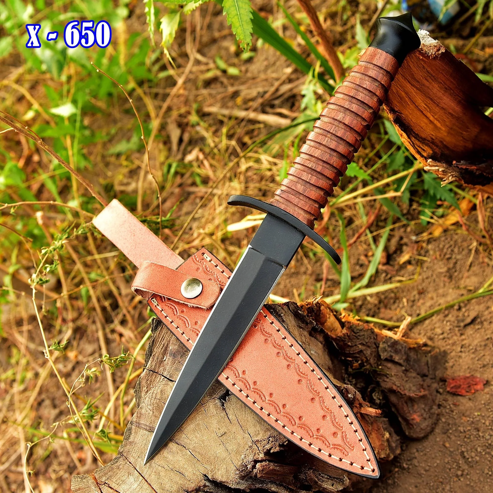 WWII Handmade Double-Edged V42 Military Stacked Leather Stiletto Dagger Knife x-650 - Image 2