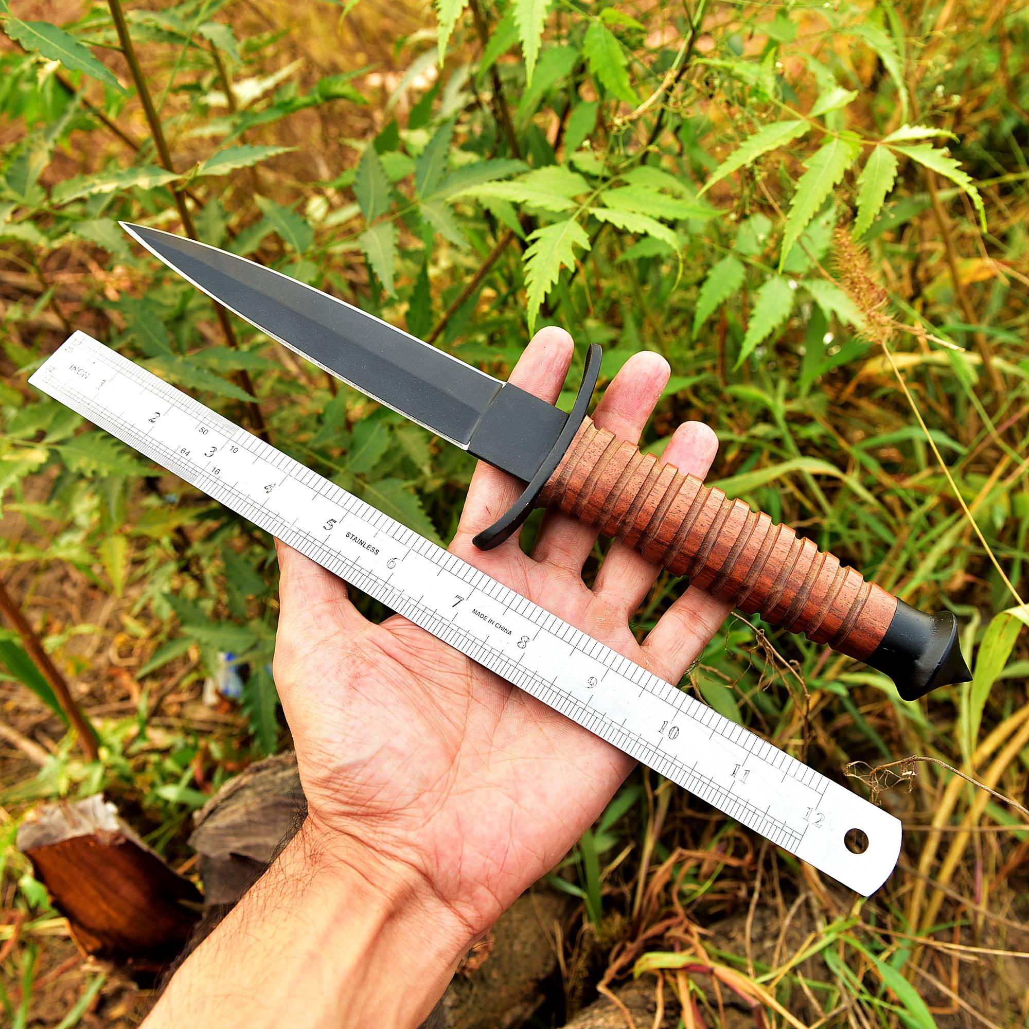 WWII Handmade Double-Edged V42 Military Stacked Leather Stiletto Dagger Knife x-650 - Image 5